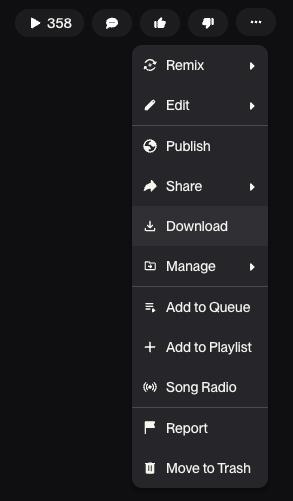 Suno song menu with the Download option highlighted
